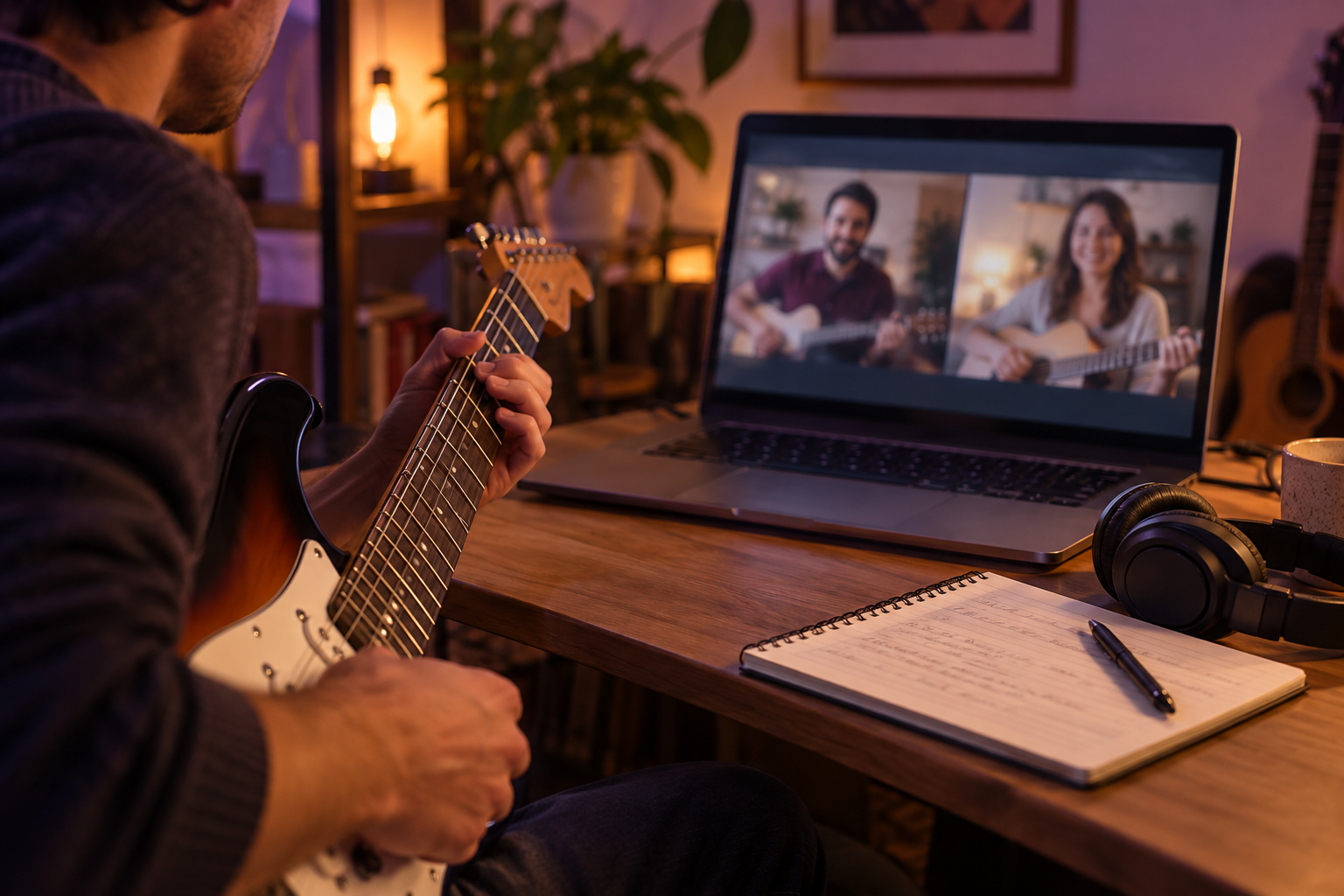 Estudo de guitarra em uma aula online ao vivo com a tela desfocada.