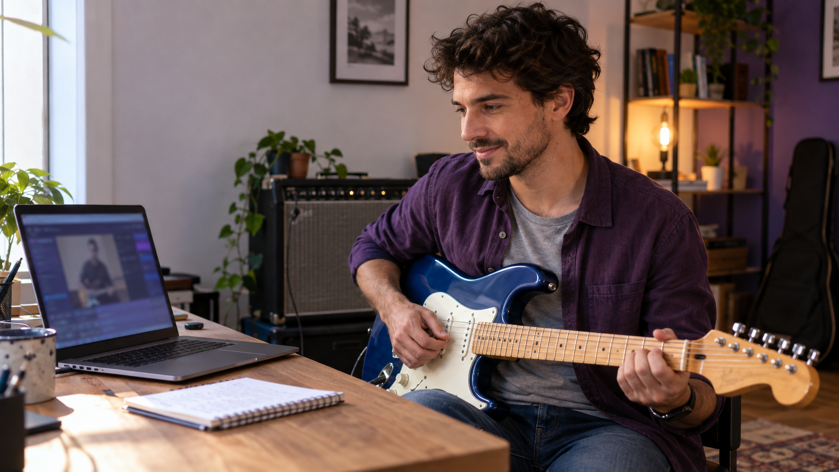 Pessoa estudando guitarra em casa com uma aula online exibida de forma desfocada em um notebook.