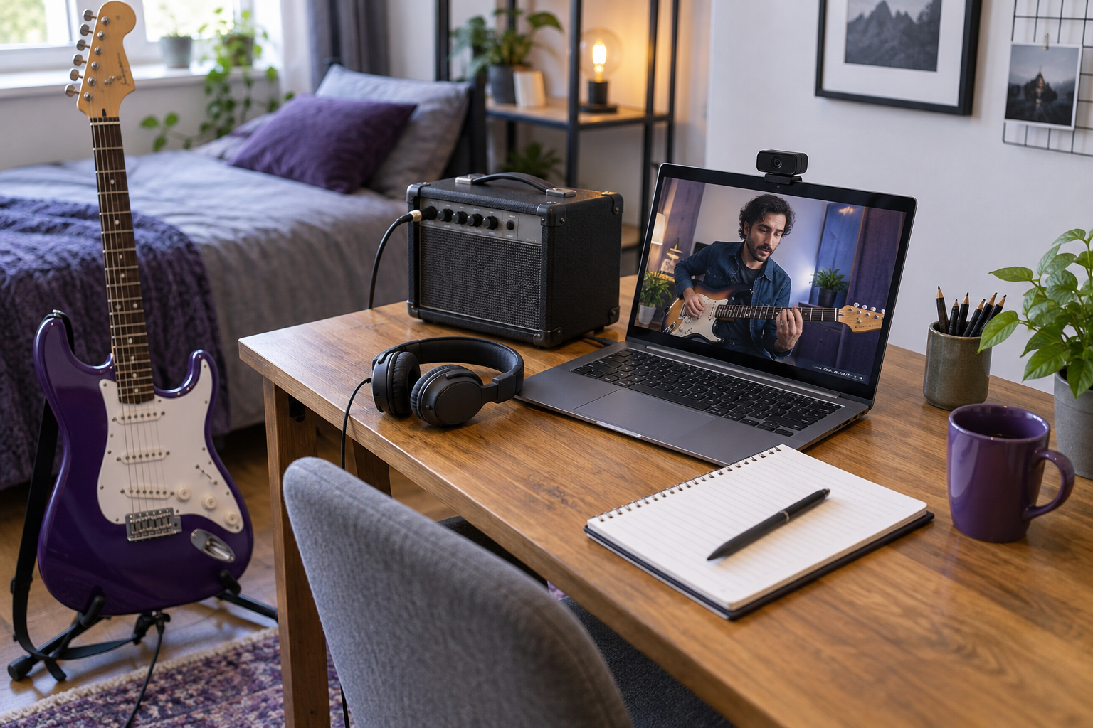Equipamento básico organizado para estudar guitarra online em casa.