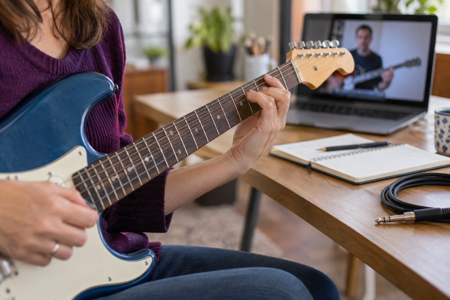 Mãos de uma pessoa praticando guitarra durante uma aula online.