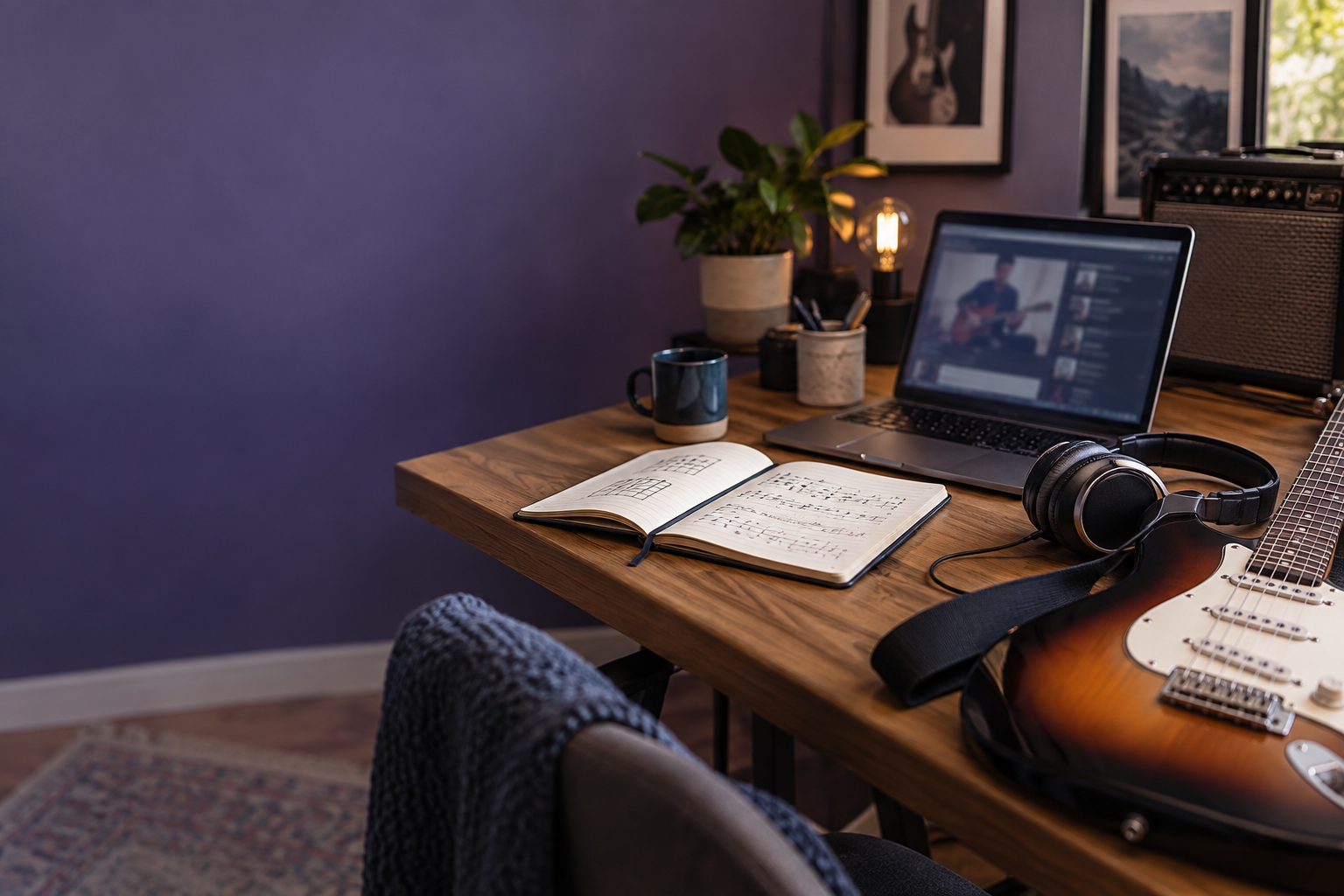 Guitarra, caderno e fones de ouvido organizados para estudar um curso online em casa.
