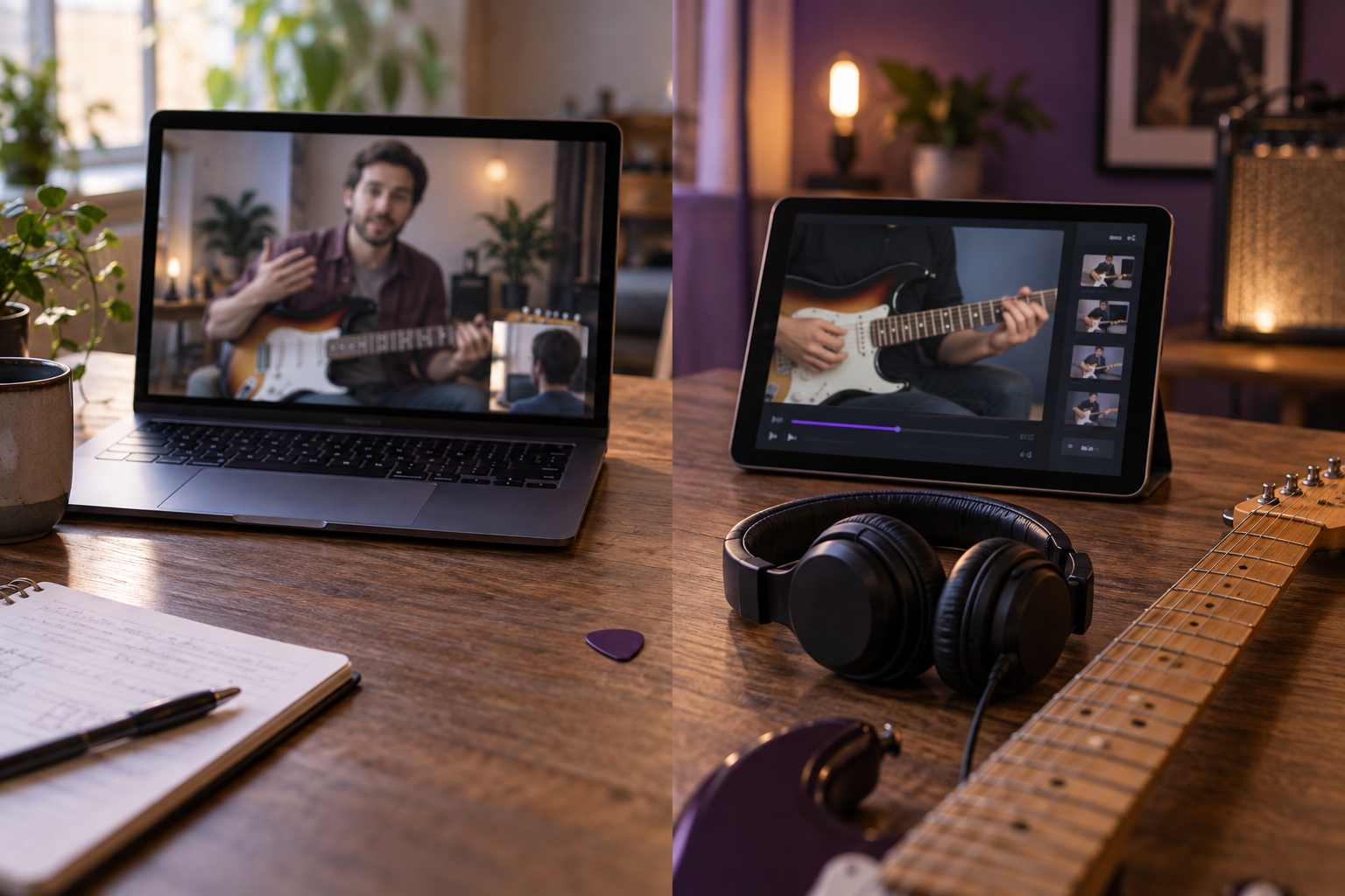 Cena comparativa entre uma aula de guitarra online ao vivo e uma aula gravada.