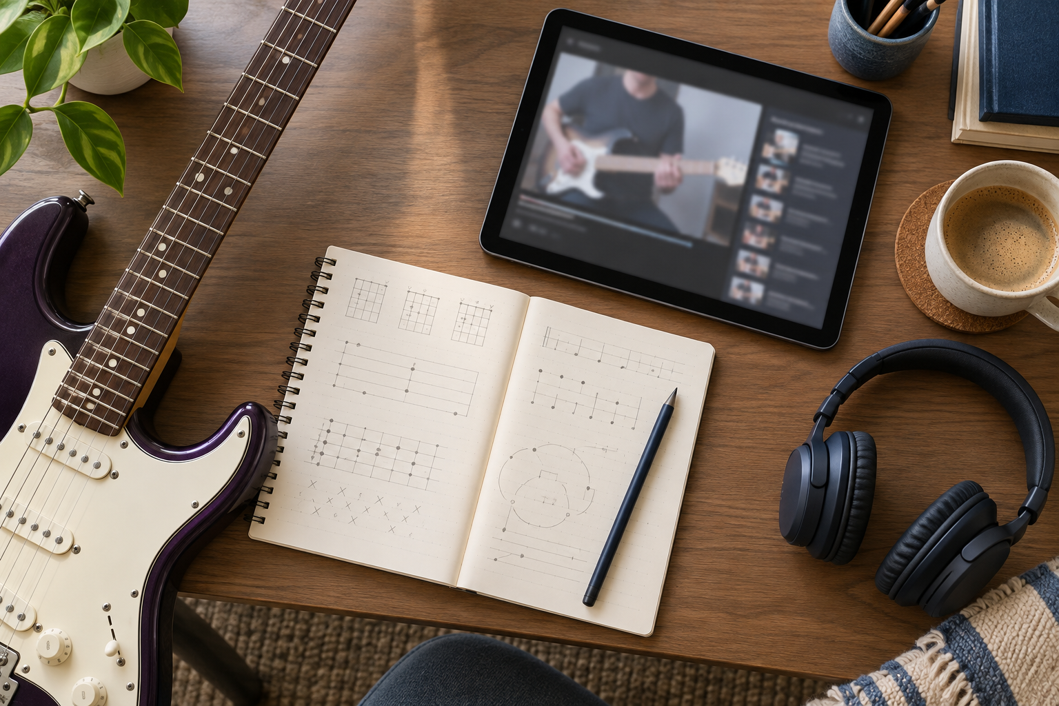 Mesa com guitarra, caderno e materiais abstratos de planejamento de estudos.