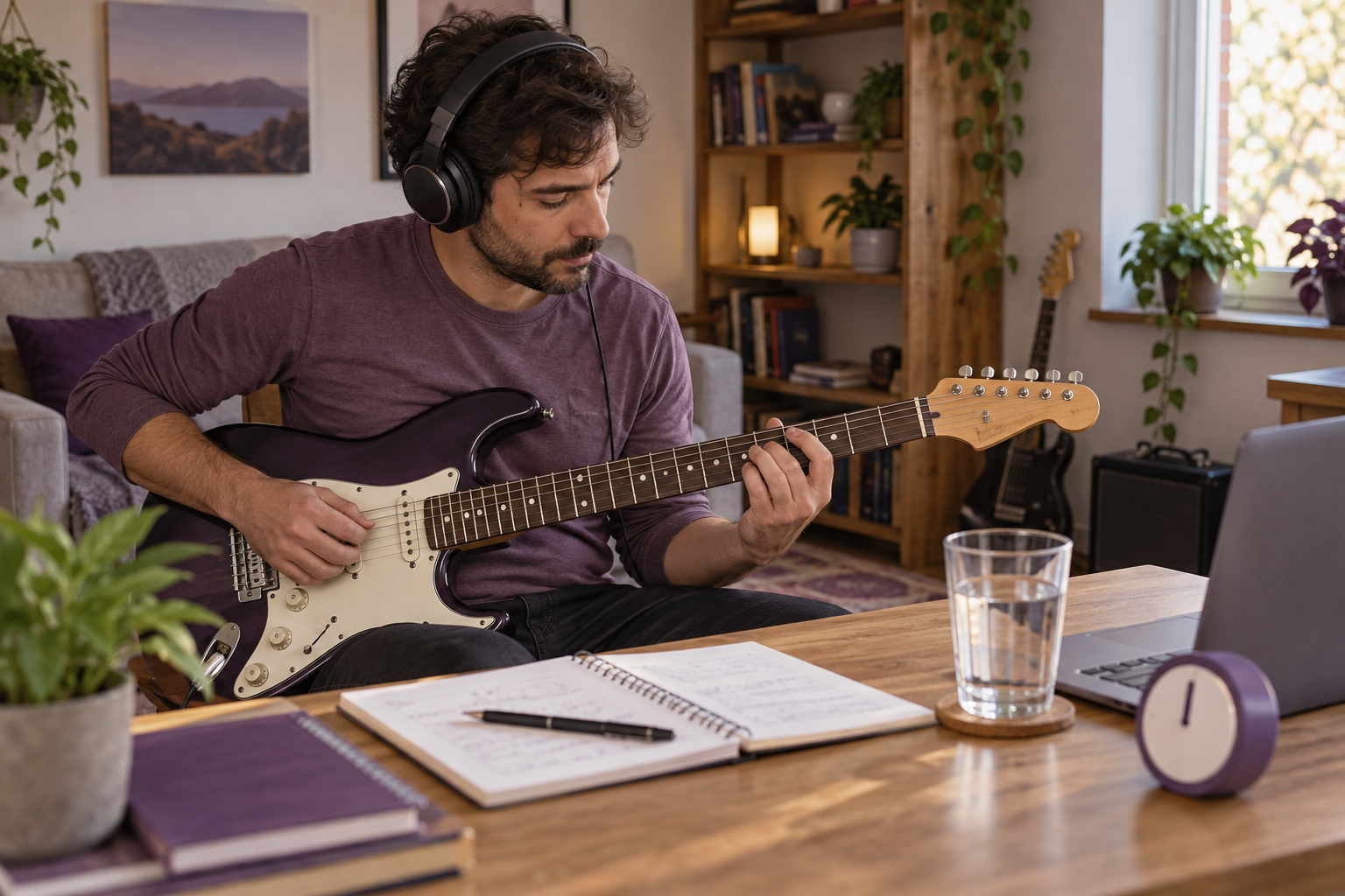 Pessoa praticando guitarra em casa com caderno e acessórios de rotina de estudo.