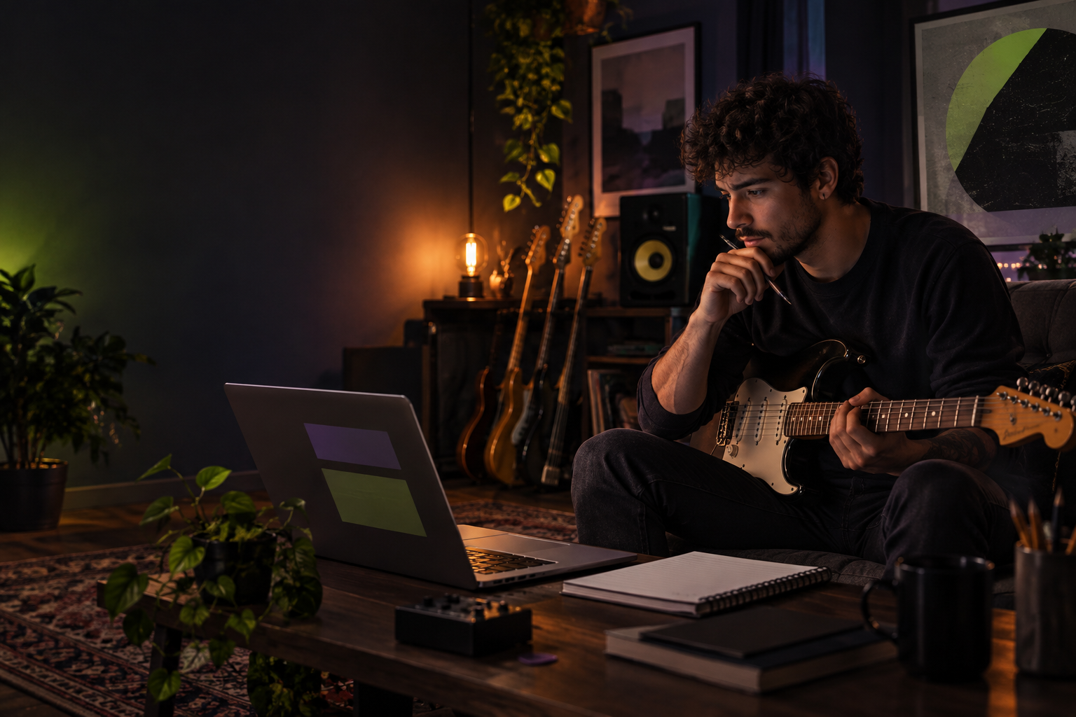 Estudante de guitarra seguindo uma trilha de estudo em um estúdio doméstico