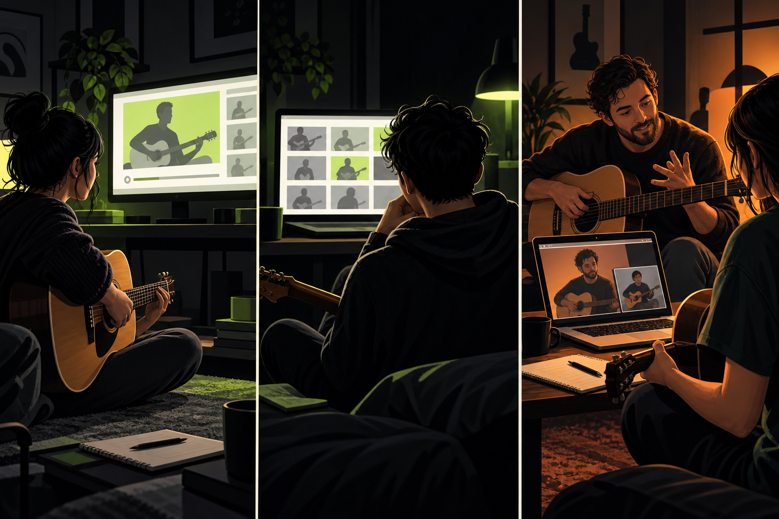 Comparação visual entre curso gravado, vídeos gratuitos e aulas particulares de guitarra