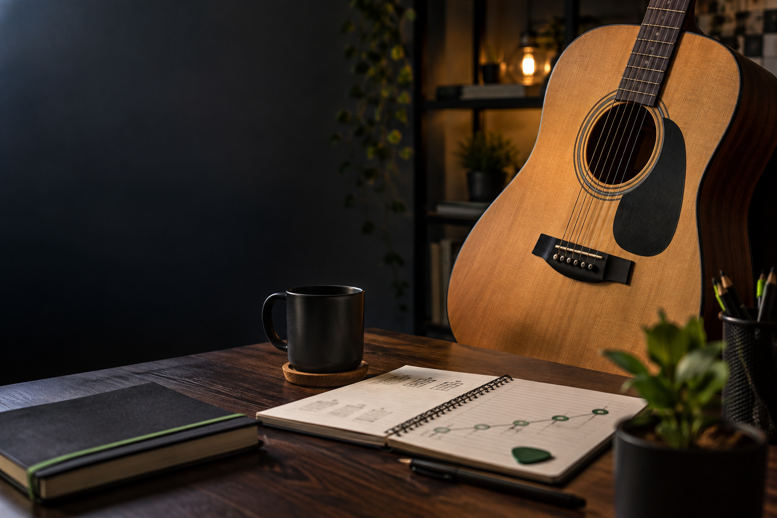 Violão acústico ao lado de um caderno de estudos em um ambiente doméstico de prática musical.