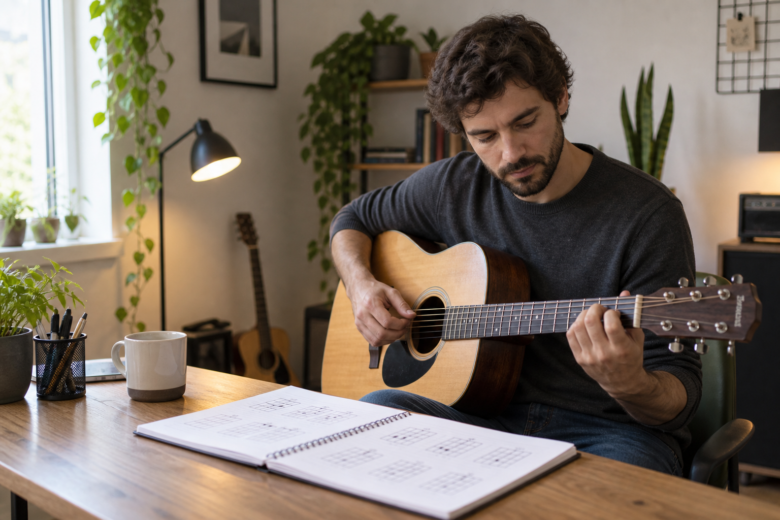 Pessoa iniciante estudando violão em casa com uma sequência organizada de exercícios