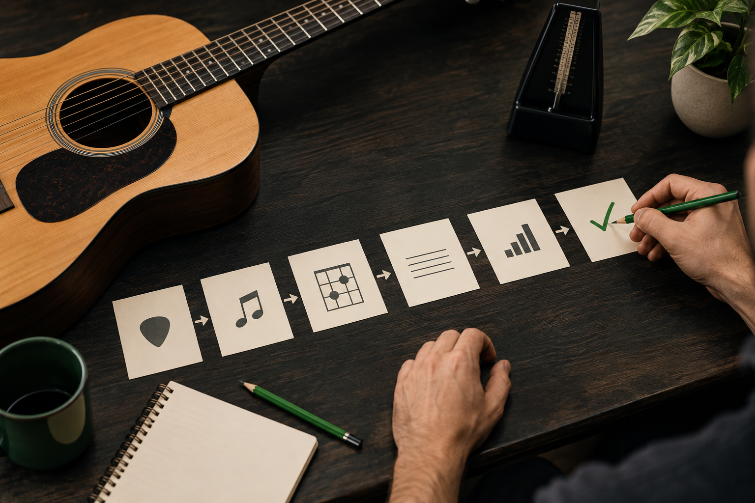 Sequência visual de etapas progressivas de estudo de violão sobre uma mesa