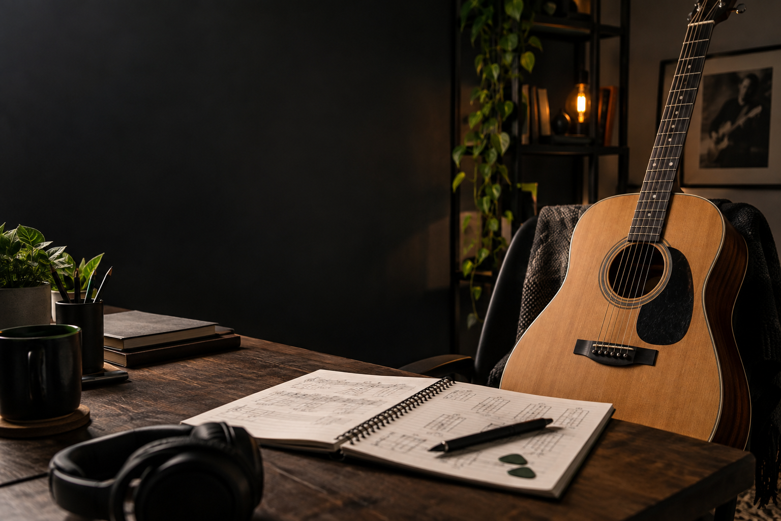 Violão acústico ao lado de um caderno de estudos em um ambiente doméstico de prática musical.