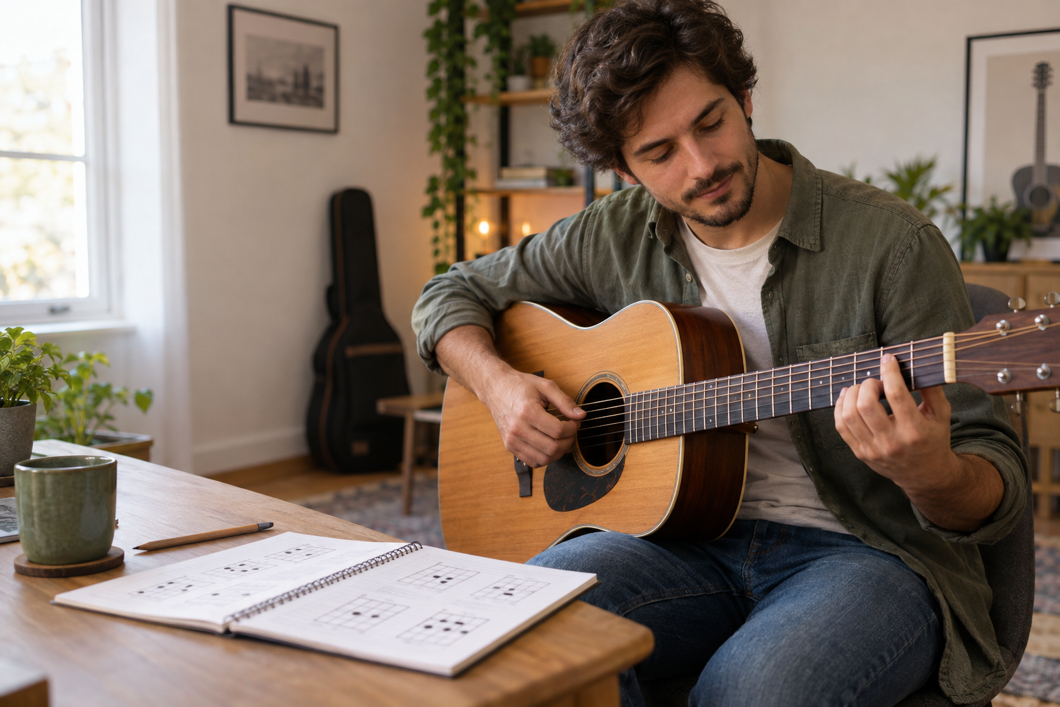 Pessoa iniciante estudando acordes no violão com um caderno de exercícios